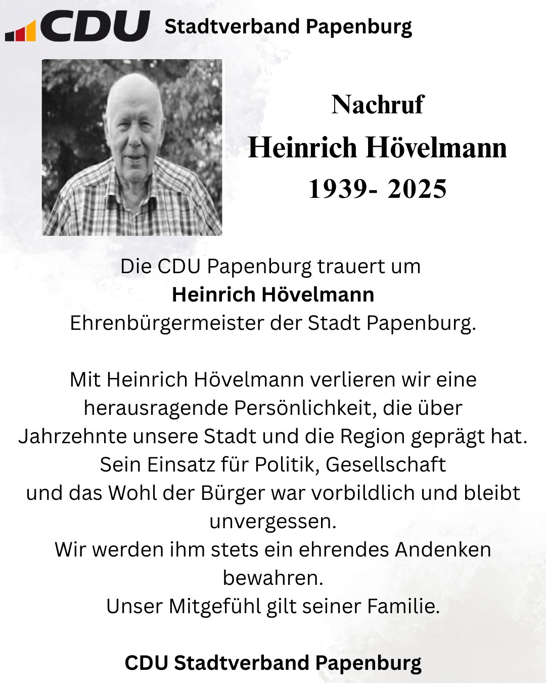 Nachruf der CDU-Papenburg Ehrenbrgermeister Heinrich Hvelmann